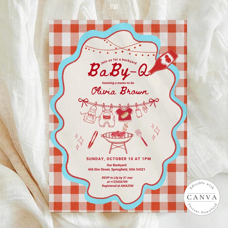 Baby-Q shower invitation with red gingham background and light blue scalloped border. Features string lights, BBQ sauce bottle, clothesline with baby items, and central grill illustration with utensils. Honors Olivia Brown, Sunday October 10 at 1PM, 456 Elm Street Springfield. RSVP to Lily by March 21. Amazon registry. Editable Canva template.
