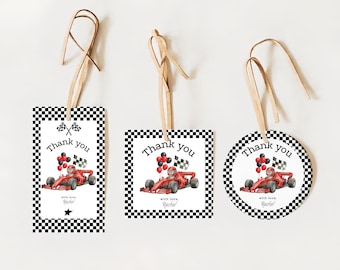 Modello di etichetta per bomboniere di compleanno di Formula 1: etichetta di ringraziamento con orsetto e auto da corsa F1 Go Kart (modificabile da Canva, download immediato) F11