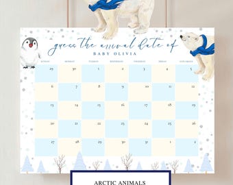 Op de afbeelding: Een baby shower kalenderbord met arctische dieren. Het bord heeft een kalenderraster, een pinguïn en ijsberen. De tekst luidt "raad de aankomstdatum van BABY OLIVIA" en "ARCTIC ANIMALS DUE DATE CALENDAR SIGN."