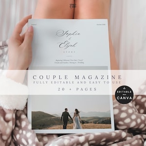May include: A white magazine titled "Sophia & Elijah Story" with the text "Couple Magazine" and "Fully Editable and Easy to Use". The magazine features a photo of a couple holding hands in a field. The magazine has 20+ pages and is editable with Canva.