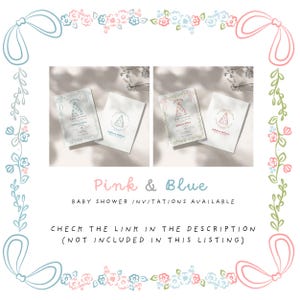 Promotional advertisement for baby shower invitations available in pink and blue color themes. Features a decorative floral border framing two side-by-side photographs: blue-themed invitations with a Christmas tree design on the left and pink-themed invitations on the right. Includes text "Pink & Blue" and "BABY SHOWER INVITATIONS AVAILABLE," suggesting options for potential customers. 🎉👶💖💙