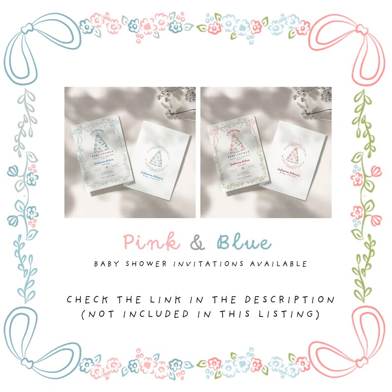 Promotional advertisement for baby shower invitations available in pink and blue color themes. Features a decorative floral border framing two side-by-side photographs: blue-themed invitations with a Christmas tree design on the left and pink-themed invitations on the right. Includes text "Pink & Blue" and "BABY SHOWER INVITATIONS AVAILABLE," suggesting options for potential customers. 🎉👶💖💙