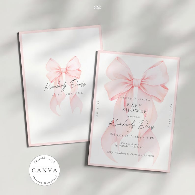 Blush Pink Bow Baby Shower Invitation Set: It's a Girl Framed Classic ...