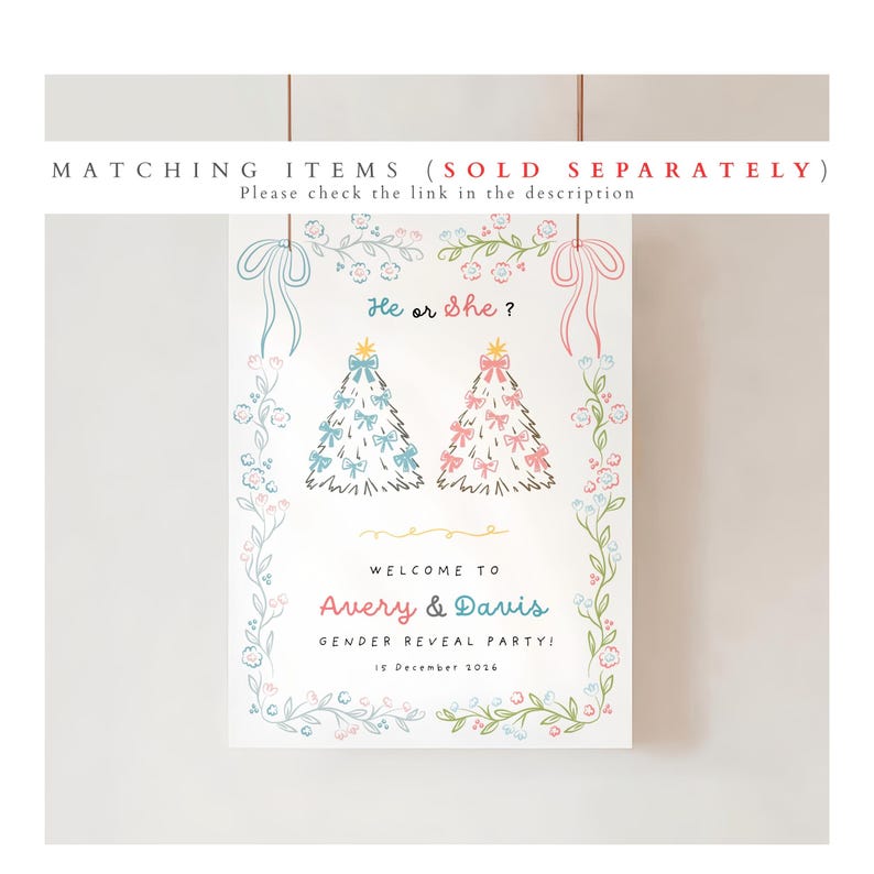 Christmas Gender Reveal Invitation: Whimsical Merry Little Baby with floral bow, Boy Or Girl, He or She (Canva Editable, Instant Download) image 8