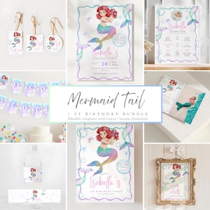 Mermaid Tail Birthday Invitation Bundle: Little Princess girl, Under the Sea Decoration, Party Package Set(Canva Editable, Instant Download)