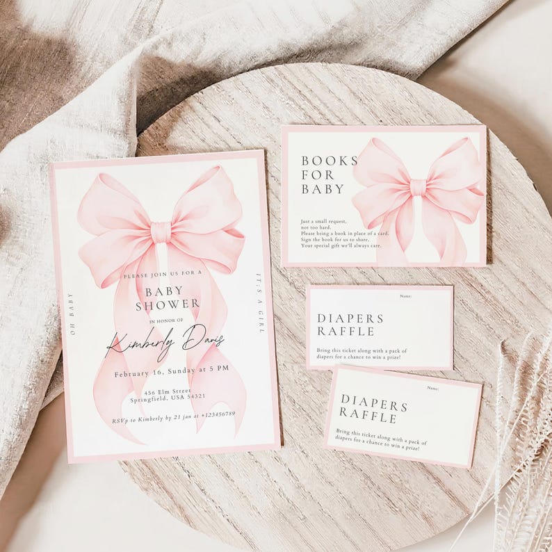 Blush Pink Bow Baby Shower Invitation Bundle Template: It's a Girl ...