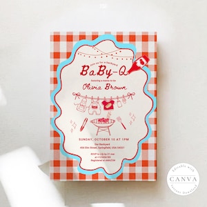 Baby shower invitation with red gingham background featuring "Baby-Q" theme. Shows clothesline with hanging baby items (bottle, bib, onesie, shoes) and BBQ grill illustration. Event details honor Olivia Brown on Sunday, October 10 at 1PM at 456 Elm Street, Springfield. RSVP to Lily by March 21. Scalloped red and blue border frames the casual backyard barbecue themed design.
