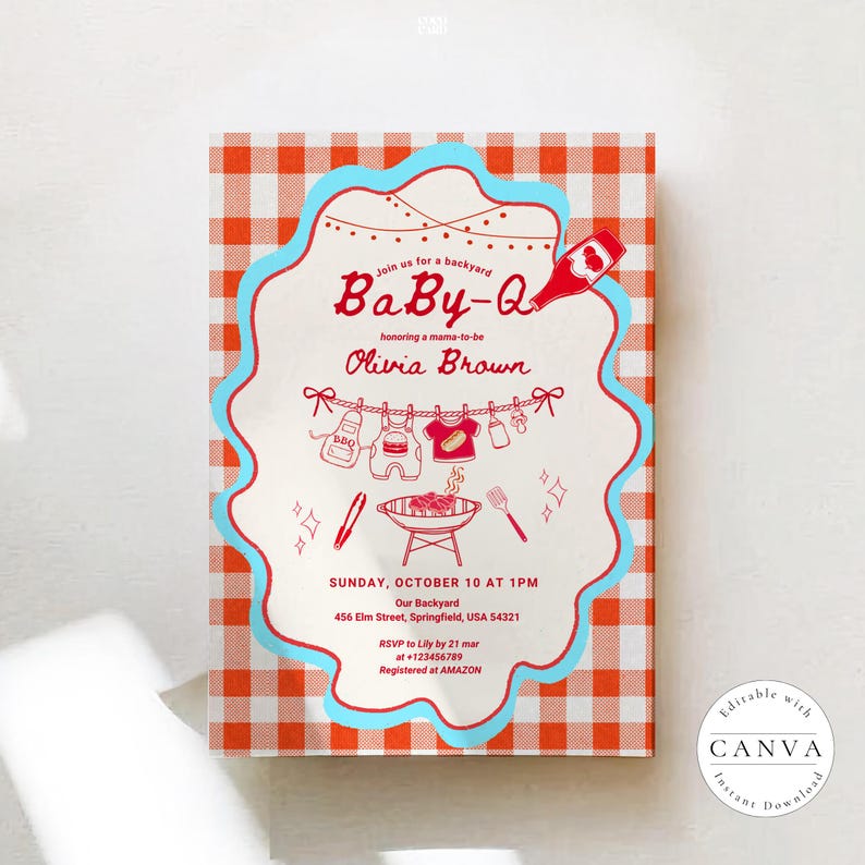 Baby shower invitation with red gingham background featuring "Baby-Q" theme. Shows clothesline with hanging baby items (bottle, bib, onesie, shoes) and BBQ grill illustration. Event details honor Olivia Brown on Sunday, October 10 at 1PM at 456 Elm Street, Springfield. RSVP to Lily by March 21. Scalloped red and blue border frames the casual backyard barbecue themed design.