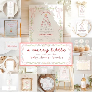 Könnte beinhalten: Ein Babyparty-Papeterie-Set mit einer Weihnachtsbaum-Illustration, rosa Schleifen, floralen Rändern und rotem Text. Enthält Einladungen, Geschenkanhänger, Cupcake-Topper, Schilder und Etiketten mit der Aufschrift a merry little baby shower.