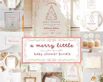 May include: A baby shower stationery bundle featuring a Christmas tree illustration with pink bows, floral borders, and red text. Includes invitations, thank you tags, cupcake toppers, signs, and labels with the text a merry little baby shower.