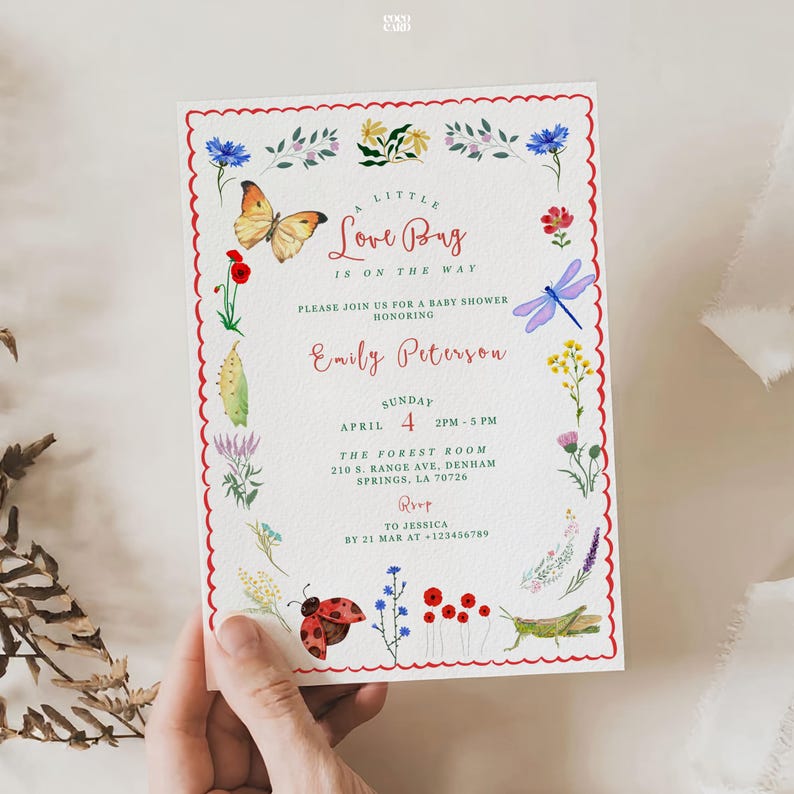 Love Bug Baby Shower Invitation Template: Insect Floral Garden Invite ...