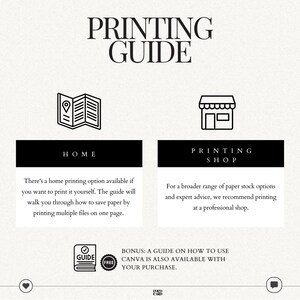 May include: A cream-coloured graphic titled "PRINTING GUIDE" in a bold, black font. The guide offers home printing and professional shop options, with a bonus Canva guide. Includes icons of a map, shop, and book.