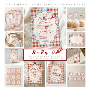 May include: A collection of baby shower party supplies with a red and white gingham pattern. The invitation features the text "BaBy-Q" and event details. Other items include cupcake toppers, a calendar, and a banner.