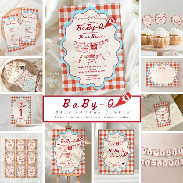 Baby Q Baby Shower Invitation Bundle: Red Gingham Backyard BBQ Grill Invite, Clothesline Garden Barbecue Party BS23