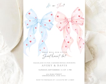 May include: A gender reveal invitation featuring watercolour bows. One bow is light blue with red hearts, the other is pink with red hearts. Text reads "He or She?" and "What will our little Sweetheart be?" Event details are also included.