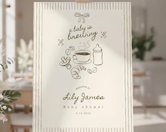 A Baby is Brewing Coffee Baby Shower Welcome Sign Template: Stripe Hand Drawn Whimsical Bow Poster (Canva Editable, Instant Download) BS19