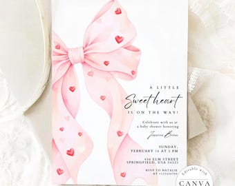 A Little Sweetheart Baby Shower Invitation Template: Pink Bow Coquette Valentine's Day (Canva Editable, Instant Download) VD1