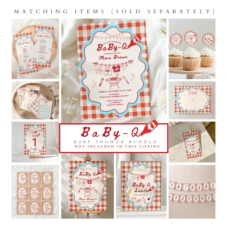 Baby Q Baby Shower Invitation: Red Gingham Backyard BBQ Grill Invite, Clothesline Garden Barbecue Party BS23 image 5