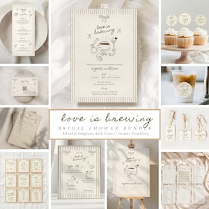 May include: A bridal shower stationery bundle featuring a beige and white striped theme with coffee-themed illustrations and the text love is brewing. The set includes invitations, menus, cupcake toppers, favor tags, and various game cards.