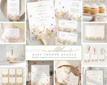 May include: A collection of baby shower stationery with a wildflower theme. The designs include invitations, menu cards, table numbers, cupcake toppers, and a sign. The color palette features soft pastels and floral illustrations. The text "A Little Wildflower" is visible.