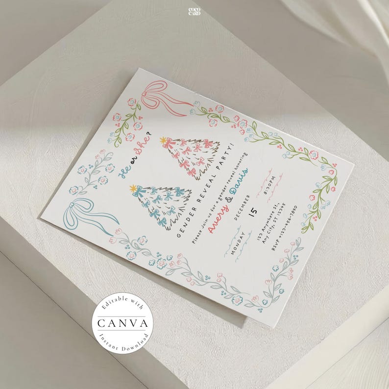 Beautiful garden-themed party invitation displayed on a light surface, featuring two decorative trees with pink and blue flowers. The invitation reads "Garden Revelry Party!" with names "Avery & Davis" in cheerful pink and teal. Includes date (December 15) and location details, bordered with a delicate floral design. A Canva watermark indicates it's an editable template. 🌸🎉