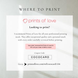 Puede incluir: Un gr&aacute;fico blanco con el texto "WHERE TO PRINT" en la parte superior. La imagen presenta el logotipo de "prints of love" y el texto "Looking to print?" con una recomendaci&oacute;n para servicios de impresi&oacute;n profesionales. Tambi&eacute;n se muestra el c&oacute;digo de cup&oacute;n "COCOCARD".