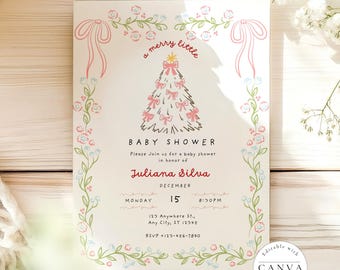 May include: A baby shower invitation with a whimsical design. The invitation features a Christmas tree decorated with pink bows, surrounded by floral accents. Text includes "a merry little" and details for Juliana Silva's baby shower, including date, time, and RSVP information.