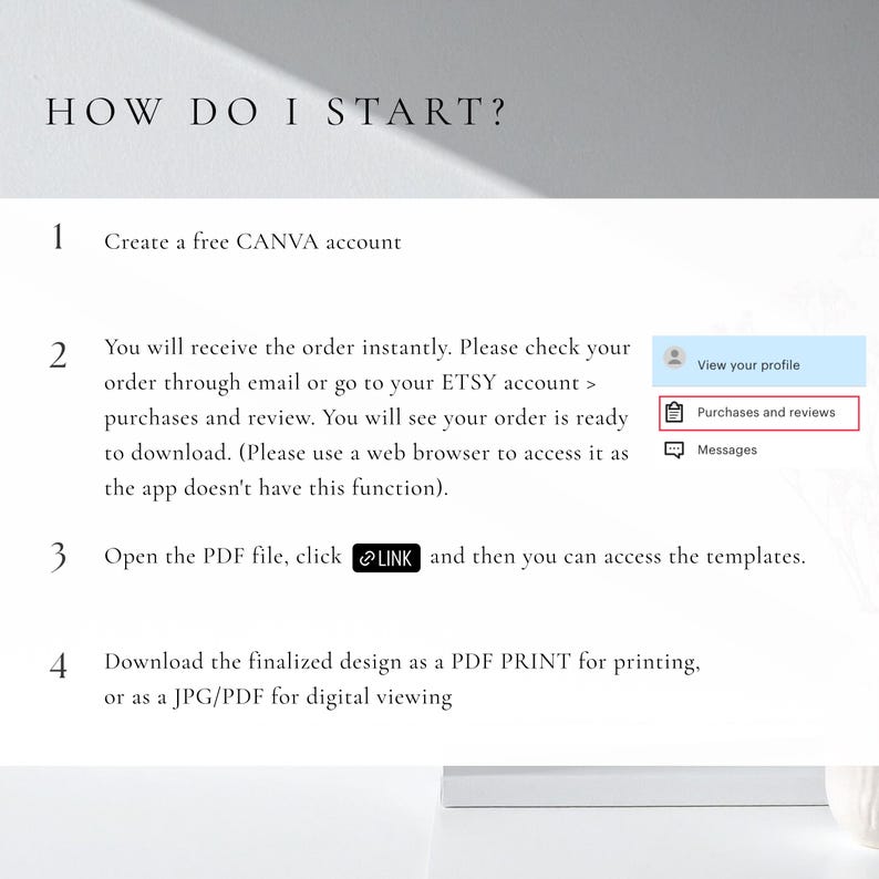 May include: White background with text: "HOW DO I START?" and numbered steps. Instructions include creating a Canva account, checking Etsy purchases, clicking a link, and downloading a PDF print or JPG/PDF file.