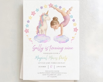 May include: A white invitation card with a watercolor illustration of a unicorn and a gymnast. The text reads "Gally is turning nine" and "Magical Moves Party". The date is October 17th, 2 PM to 5 PM.