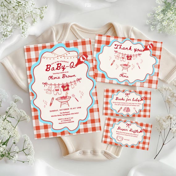 Baby Q Baby Shower Invitation Set: Red Gingham Backyard BBQ Grill Invite, Clothesline Garden Barbecue Party BS23