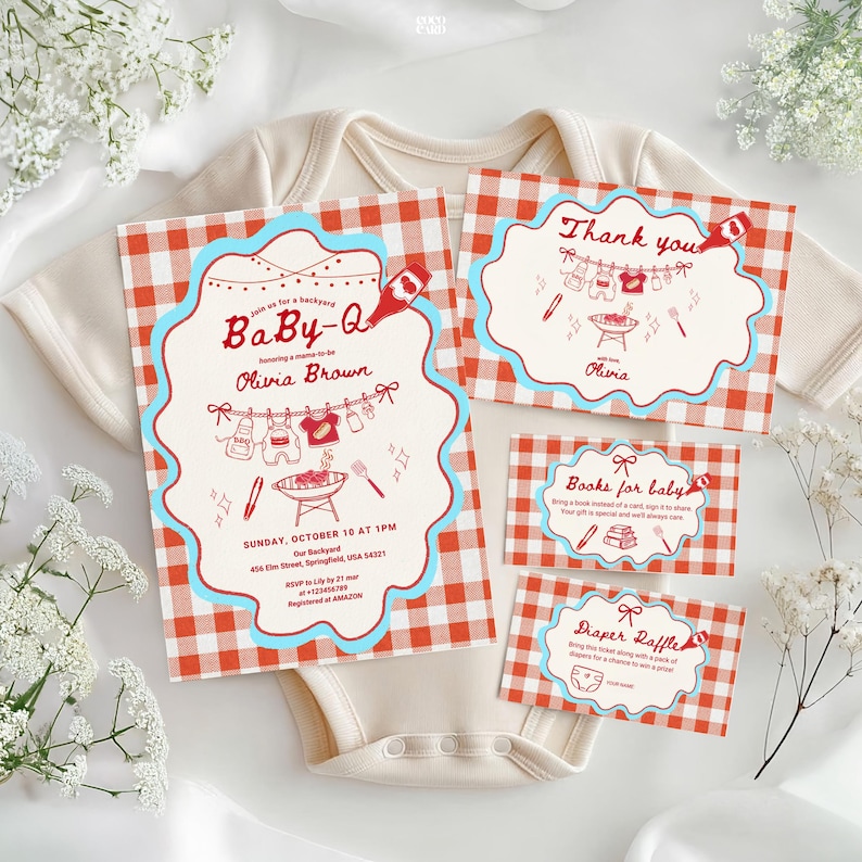 Baby-Q shower invitation suite with red gingham borders and blue scalloped edges, displayed on cream onesie with baby's breath flowers. Includes main invitation honoring Olivia Brown (Sunday October 10, 1PM, 456 Elm Street), thank you card, book request card, and diaper raffle card. Features clothesline with baby items and BBQ grill illustrations.