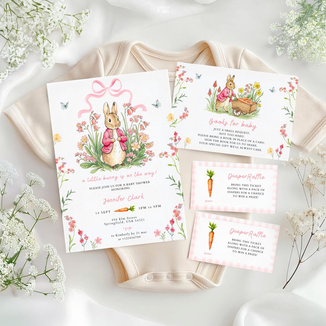 Peter Rabbit Baby Shower Invitation Suite Template: A Little Bunny is ...
