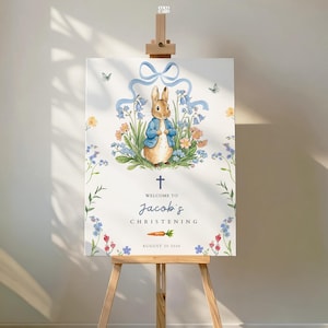 Christening Welcome Sign Template: Baptism, PeterRabbit, Rustic Blue Floral Garden Poster (Canva Editable)