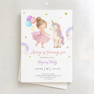 May include: A white invitation card featuring a watercolour illustration of a girl, a unicorn, balloons, and rainbows. The text reads "Avery is turning six" and invites guests to a "Magical Party" on September 27th.