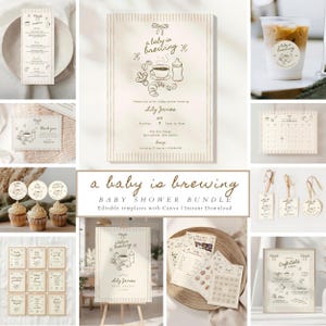 May include: A collection of baby shower stationery with a coffee theme. Includes invitations, thank you cards, cupcake toppers, menus, and a sign. The phrase "A baby is brewing" is featured on many items. The color palette is neutral with beige and cream tones.