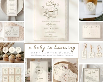 A Baby is Brewing Coffee Baby Shower Invitation Bundle: Stripe Hand Drawn Whimsical Bow Invite (Canva Editable, Instant Download) BS19