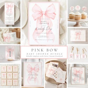 May include: A baby shower bundle featuring a pink bow design. The set includes invitations, menu cards, thank you cards, table numbers, cupcake toppers, tags, and a Mimosa sign. Text includes "Baby Shower" and "Kimberly Dans".
