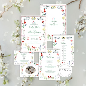 A complete wedding invitation suite featuring a beautiful wildflower design theme. The suite includes a main invitation card, RSVP card with QR code, details card, timeline card, and an additional event information piece. The design showcases delicate watercolor wildflowers in red, blue, yellow, and purple, accented by a scalloped red border and green text. Small decorative hearts and clean typography enhance the modern aesthetic.