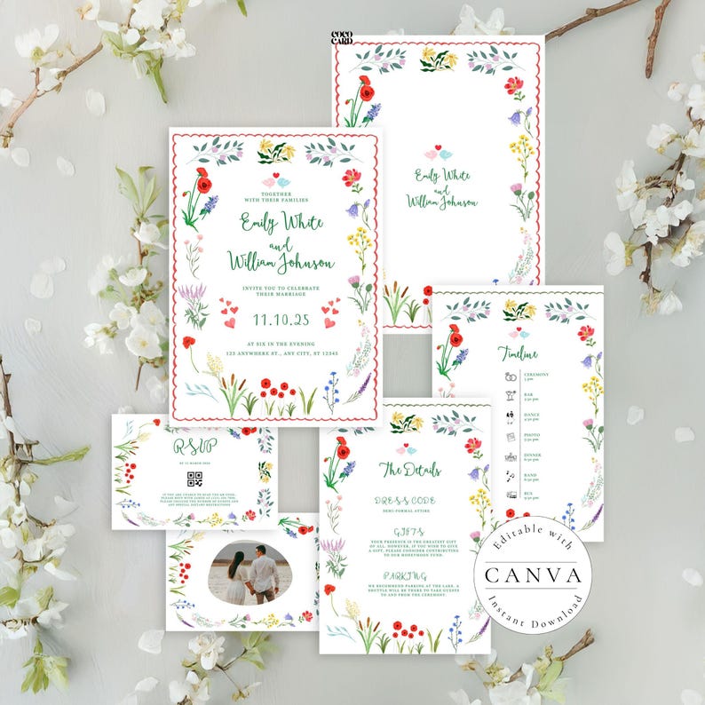 A complete wedding invitation suite featuring a beautiful wildflower design theme. The suite includes a main invitation card, RSVP card with QR code, details card, timeline card, and an additional event information piece. The design showcases delicate watercolor wildflowers in red, blue, yellow, and purple, accented by a scalloped red border and green text. Small decorative hearts and clean typography enhance the modern aesthetic.
