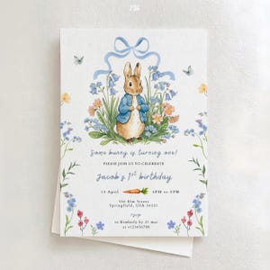 Peter Rabbit Birthday Invitation Template: Some Bunny is Turning One, Rustic Blue Floral Garden Invite (Canva Editable) BS17