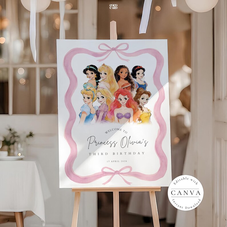 Welcome Princesses Princess Birthday Welcome Sign Template: Watercolor Royal Theme Girls ...