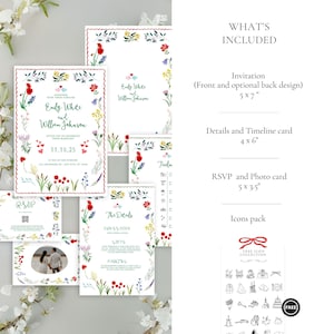 A wedding invitation suite featuring a delicate wildflower and botanical theme. The main invitation (5x7") has a white background with a scalloped red border, adorned with watercolor wildflowers like red poppies and blue delphiniums, displaying the wedding date (11.10.25). The suite includes a details and timeline card (4x6"), an RSVP and photo card (5x3.5") with a QR code, and a free icons pack with wedding-related illustrations.