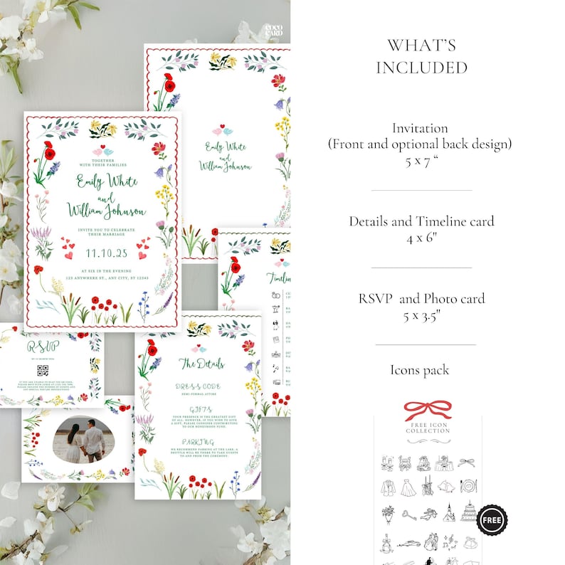 A wedding invitation suite featuring a delicate wildflower and botanical theme. The main invitation (5x7") has a white background with a scalloped red border, adorned with watercolor wildflowers like red poppies and blue delphiniums, displaying the wedding date (11.10.25). The suite includes a details and timeline card (4x6"), an RSVP and photo card (5x3.5") with a QR code, and a free icons pack with wedding-related illustrations.