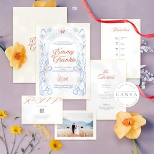 May include: A wedding invitation suite with a floral design in cream, blue, and orange. The suite includes an invitation, RSVP card, details card, timeline, and a photo of a couple. The text includes "Emmy & Frankie" and "The Crystal Lake Pavilion."