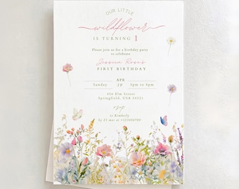 Invitación de primer cumpleaños de Our Little Wildflower: Bebé en flor, invitación floral bohemia de primavera con flores silvestres (descarga instantánea en Canva) WB1