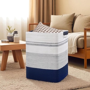 Large Laundry Basket with Lid, Tall Woven Rope Hamper with Leather Handles, Dirty Clothes Storage Bin for Bedroom Living Room
