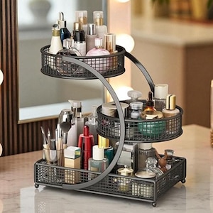 Metal Makeup Organizer Shelf, 3 Tier Vanity Dresser Storage Rack for Cosmetics Skincare Perfume Countertop