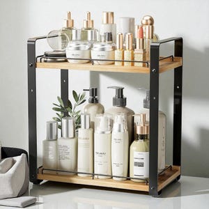 2-Tier Rustic Bathroom Counter Organizer, Wood and Metal Vanity Shelf for Skincare, Makeup, Kitchen or Coffee Station