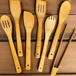 7Pcs Bamboo Cooking Utensils Set, Wooden Spoons and Spatulas for Cooking, Nonstick Kitchen Utensils with Tongs