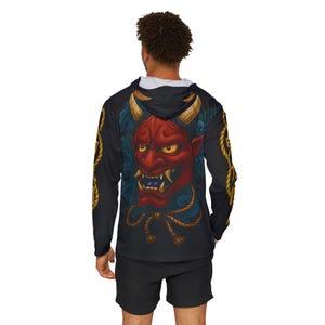 Red Oni Mask Hoodie, Japanese Demon Streetwear, Kanji Sleeve Graphic Pullover, Dark Aesthetic Hoodie, Men&#39;s Streetwear Sweatshirt, Sports